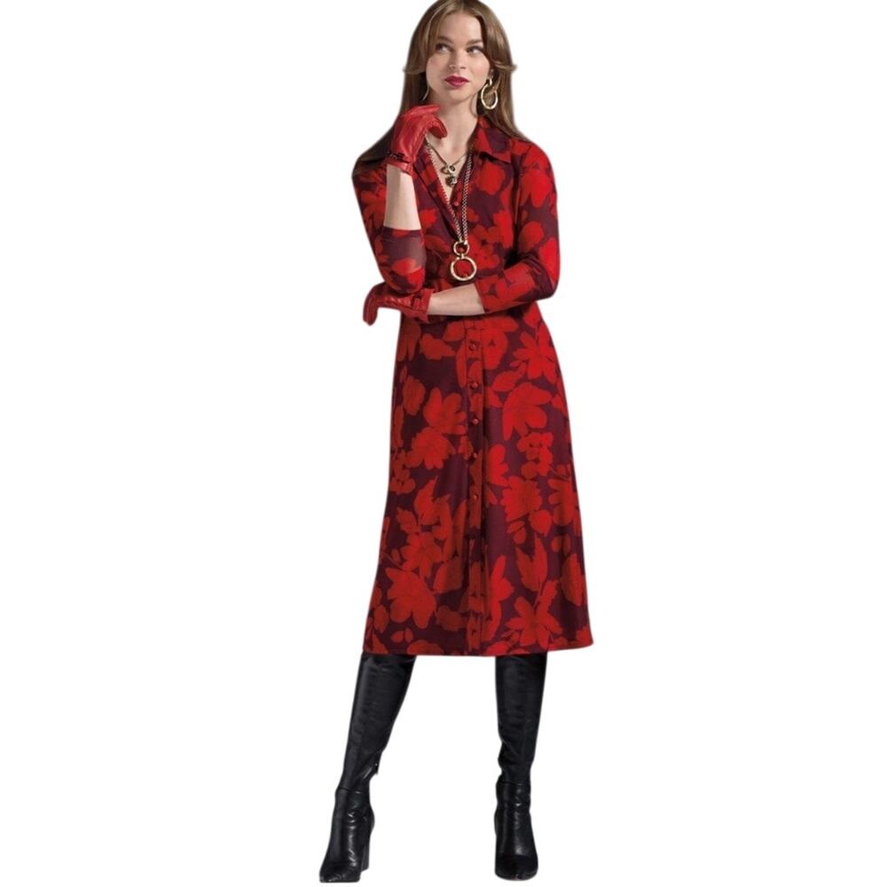 CAbi Floral Mesh Button Front Long Sleeve Shirt Dress Size Medium Red 4392